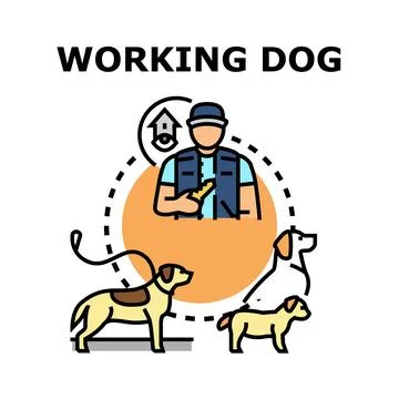 Working dog concept with handler and different breeds Stock Illustration