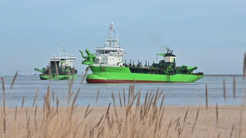 Working dredger ship at port construction in Gdansk Poland Stock Footage 237808059