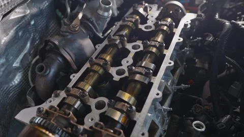 Working engine components. Camshafts with phase shifters installed in the Video stock 325521260