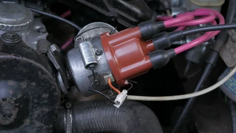 Working engine of the old car under the open hood. Stock Footage 93316447