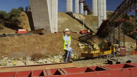 Working, Engineer, Construction, Construction Site, Bridge, Wide Shot, Lockdown, Stock Footage 95819142
