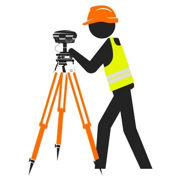 Working engineer in a hard hat stands in front of a geodetic instrument Stockillustratie