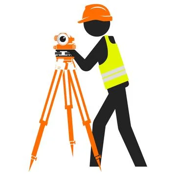 Working engineer in a hard hat stands in front of a geodetic measuring inst.. Stockillustratie