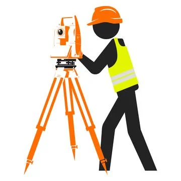 Working engineer in an orange helmet stands in front of a geodetic instrume.. Stockillustratie