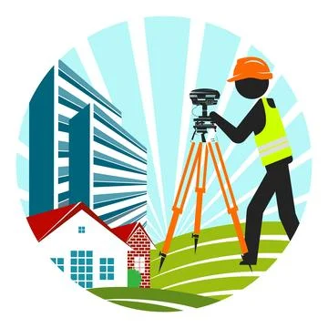 Working engineer stands in front of a surveying instrument against the back.. Stockillustratie