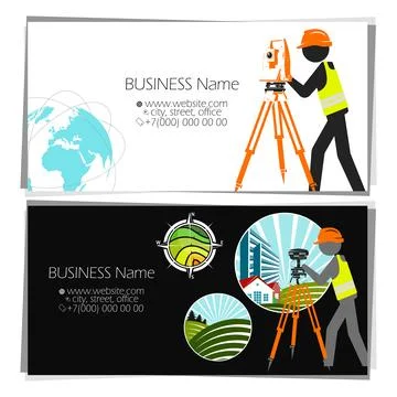 Working engineer stands with a geodetic instrument, a business card for geo.. Stockillustratie