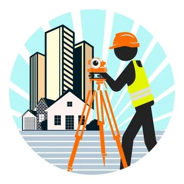 Working engineer stands with a surveying instrument, residential buildings .. Stockillustratie