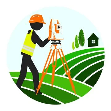 Working engineer stands with a surveying instrument on a land plot Stockillustratie