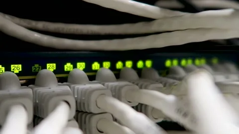 Working Ethernet server. RJ45 jacks blinking LED lights. Close up. Vídeos de archivo 91239601