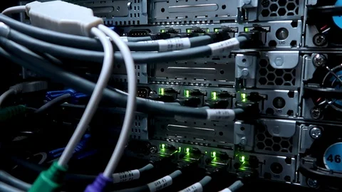 Working Ethernet switch in data center room, connecting computers together. Stock Footage 90426236