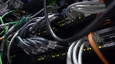 Working Ethernet switch in data center room. Blink led lights Stock Footage 116403433