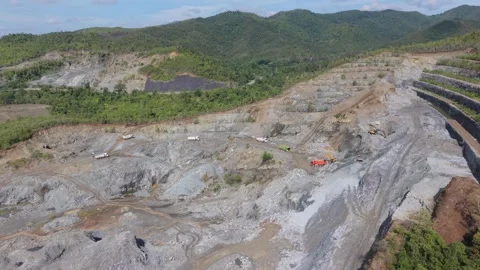 Working Excavators Below Quarry Benches Near Puerto Princesa Stock-Footage 347182765