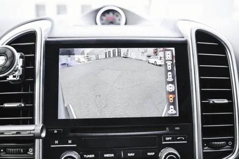 Working of front an side cameras of surround 360 degrees view system. Image d Stock Photos