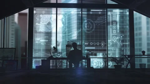 Working with a futuristic data processing interface in a modern office Stock Footage 319293528