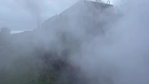 Working german engine retro locomotive with lots of steam at railway station Vídeos de archivo 253821953