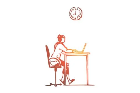 Working, girl, computer, internet, job concept. Hand drawn isolated vector. Stock Illustration