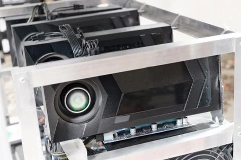 Working graphic video cards for e-currency. Computer for cryptocurrency mining. Stock Photos