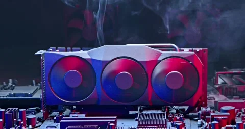 Working graphics card (GPU) during malfunction fan on heat sink. Stockbeeldmateriaal 334000297