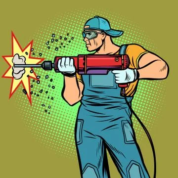 Working hammer drills wall 库存插图