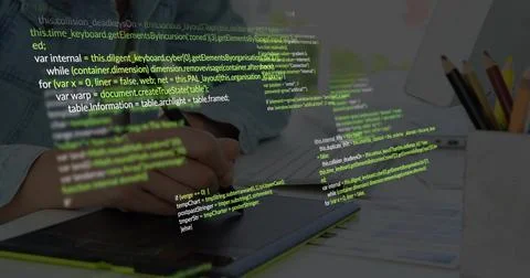 Working hands in denim shirt, using stylus editing on graphics tablet at desk, Stock Photos