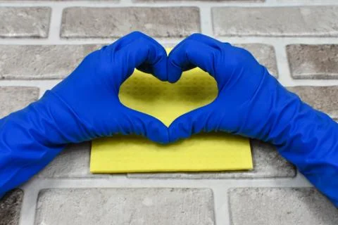Working hands in rubber protective gloves show the heart. Early spring or Foto stock