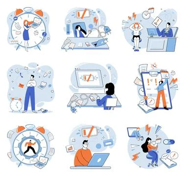 Working hard. Feeling frustrated and exhausted from working long hours is common Stock Illustration