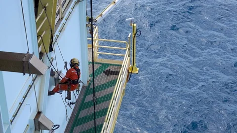 Working At Height Via Abseiling. Stock Footage 129579377