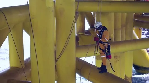 Working at height and overboard using abseiling technique. Stock Footage 83606374