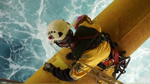 Working at height and overboard using abseiling technique. Stock Footage 83606376