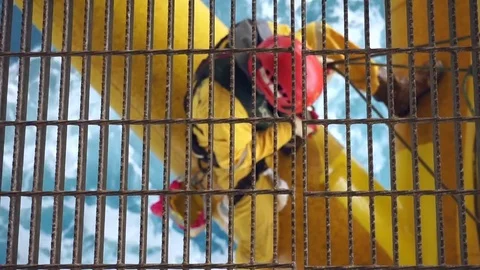 Working at height and overboard using abseiling technique. Stock Footage 83606412