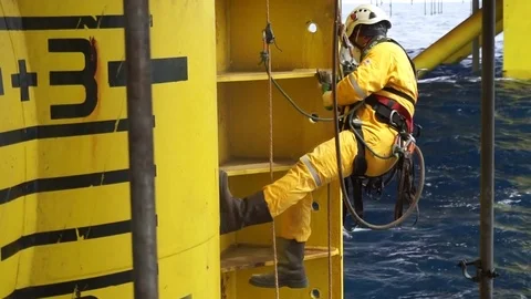 Working at height and overboard using abseiling technique. Stock Footage 83606435