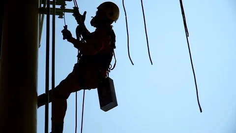 Working at height and overboard using abseiling technique. Stock Footage 95777244