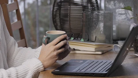 Working From Home 4k - Home Office Woman Drinking Coffee &amp; Typing On Laptop Stock Footage 127426477