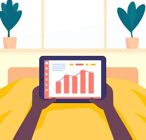 Working at home in bed with tablet in hands, vector Stock Illustration