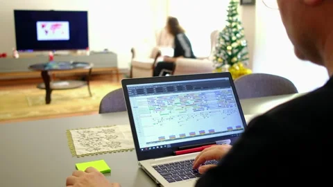 Working at home with computer in living room at sunny day Video stock 149010228