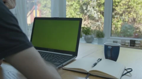 Working from home in the conservatory typing on green screen laptop Stockbeeldmateriaal 133805929