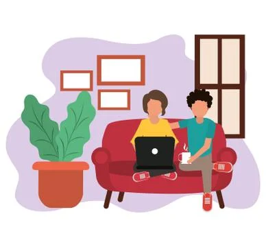 Working at home, couple using laptop with coffee cup in hands, people at home in Illustrazione stock