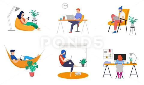 Working at home, coworking space, concept illustration. Young people, man and Stock Illustration
