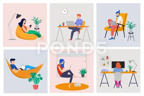 Working at home, coworking space, concept illustration. Young people, man and Stock Illustration