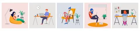Working at home, coworking space, concept illustration. Young people, man and Stock Illustration