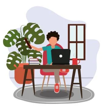 Working at home, guy with laptop coffee cup and books on table and plant room 스톡 일러스트