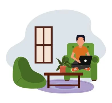 Working at home, guy using laptop computer in living room, people at home in Stock Illustration