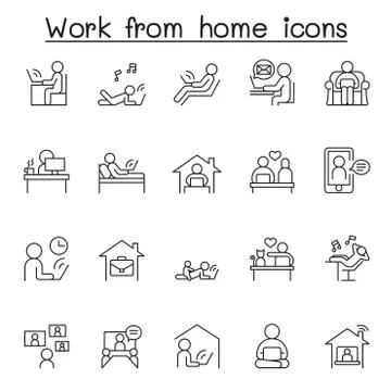 Working at home icon set in thin line style Stock Illustration