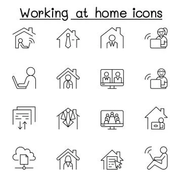 Working at home icon set in thin line style 스톡 일러스트