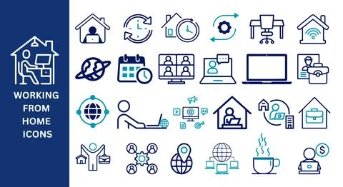 Working From Home Icon Set. Work online, laptop, freelancing. Stock Illustration