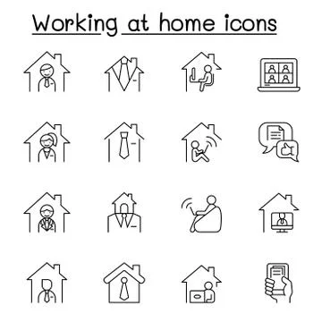 Working at home icons set in thin line style Stock Illustration