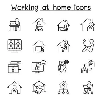 Working at home icons set in thin line style Illustrazione stock