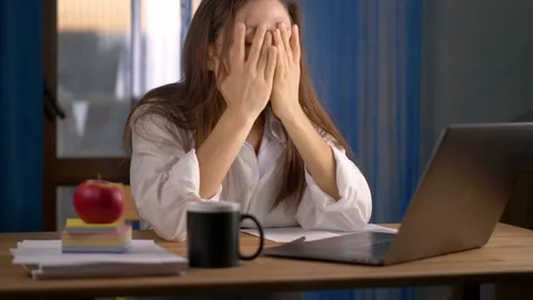 Working from home late at night, tired frustrated business woman working online Stock Footage