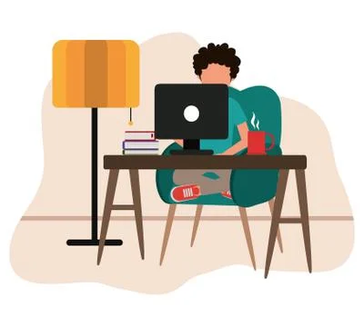 Working at home, man with computer books coffee cup on table, people at home in 스톡 일러스트