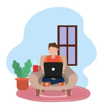 Working at home, man using laptop with coffee cup in chair, people at home in Stock Illustration